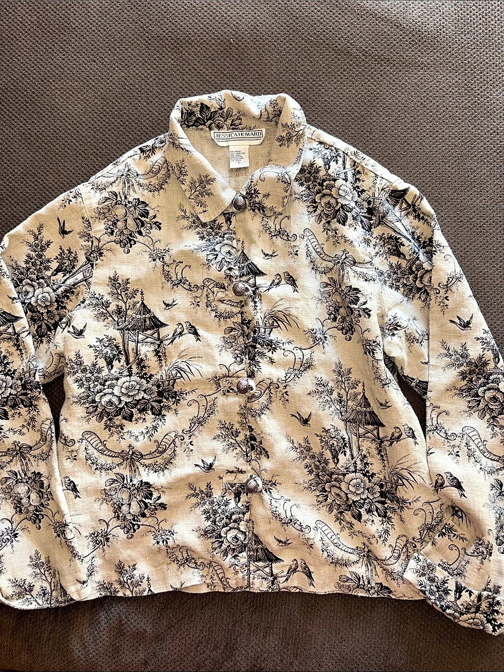 Jessica Howard Floral Button Front Jacket in Beige & Black Size Large